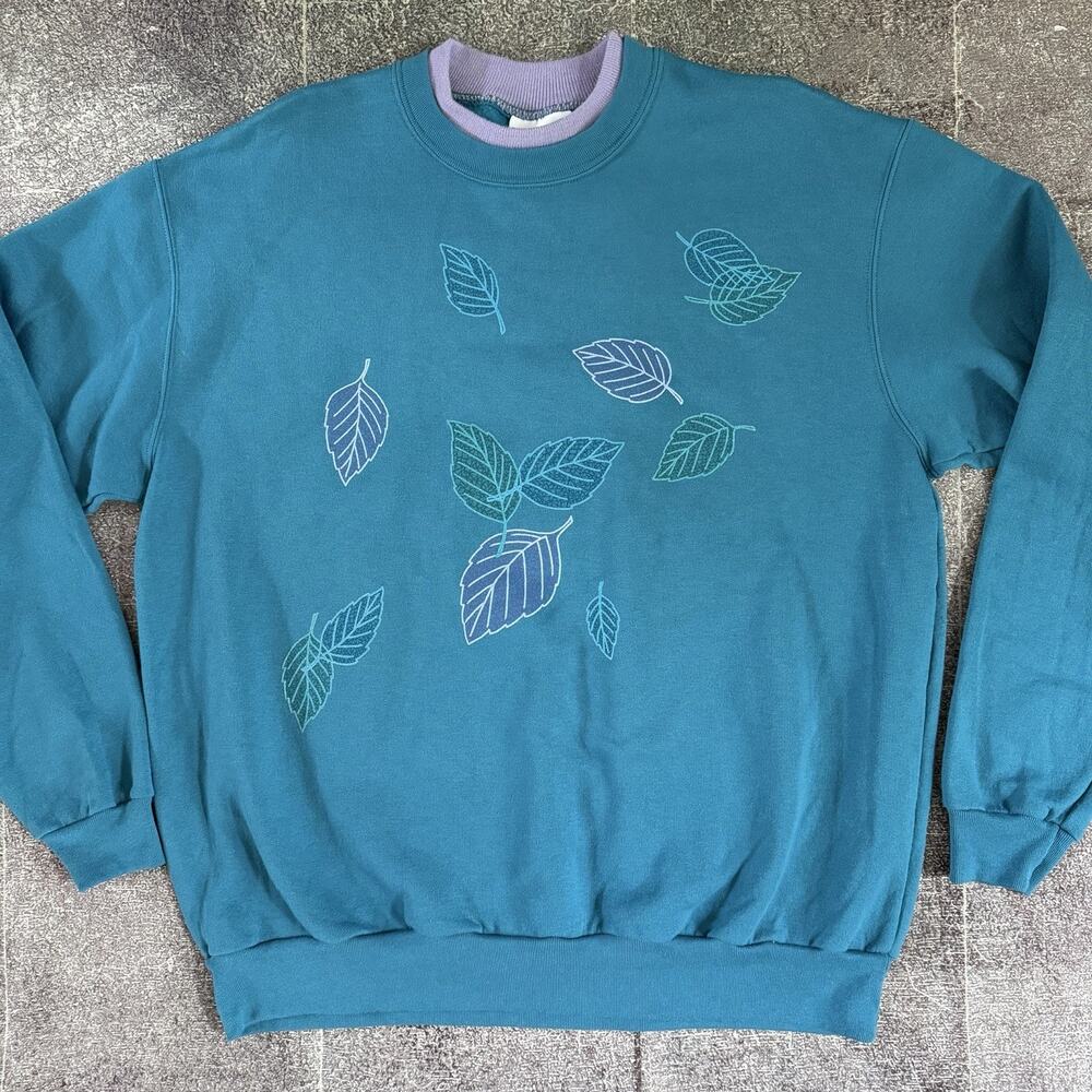 Men's Vintage 90's Morning Sun Blue Purple Fall Leaves Crewneck Sweatshirt Sz XL